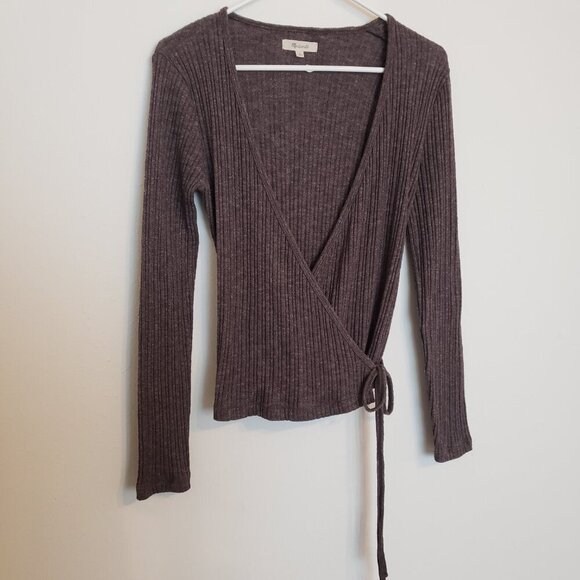 Madewell Heather Brown Ribbed Wrap Long Sleeve Cardigan Sweater Small - Picture 2 of 8